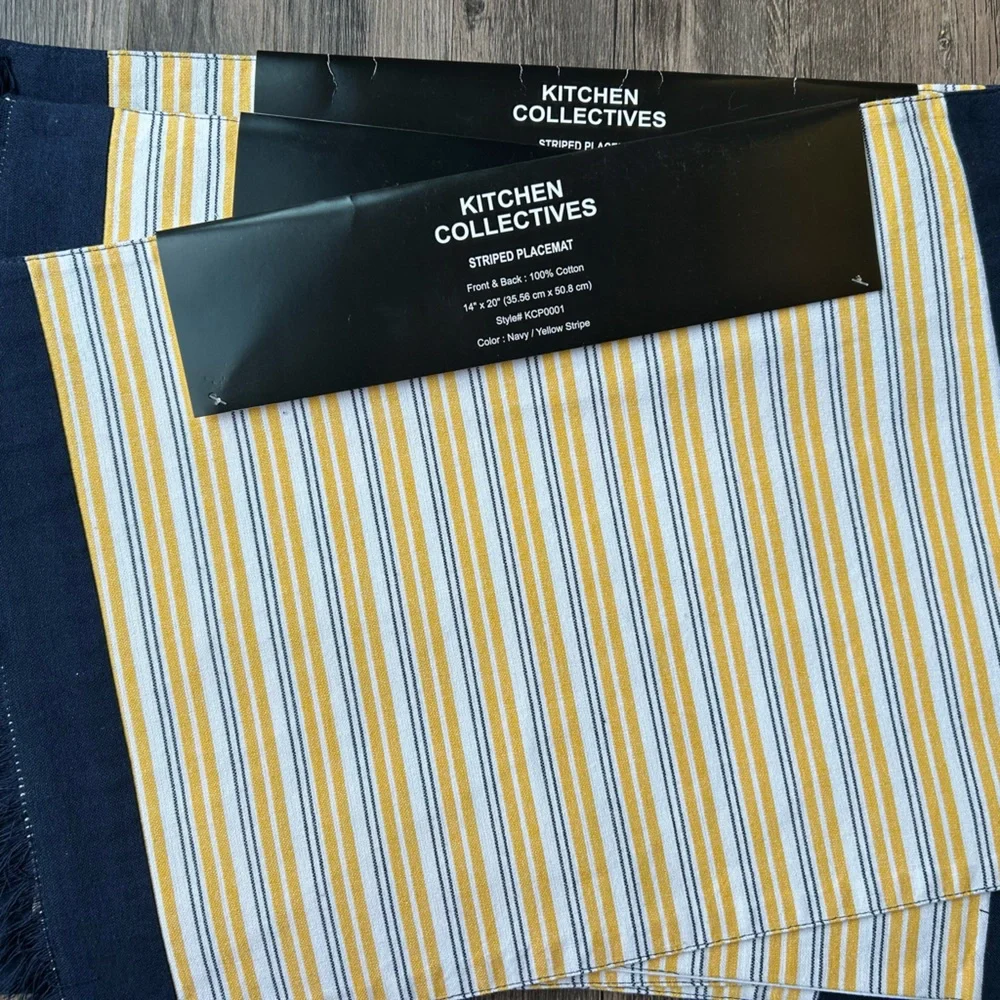 100% cotton, NWT, set of 6 placemats!Navy and Yellow Striped Placemats
